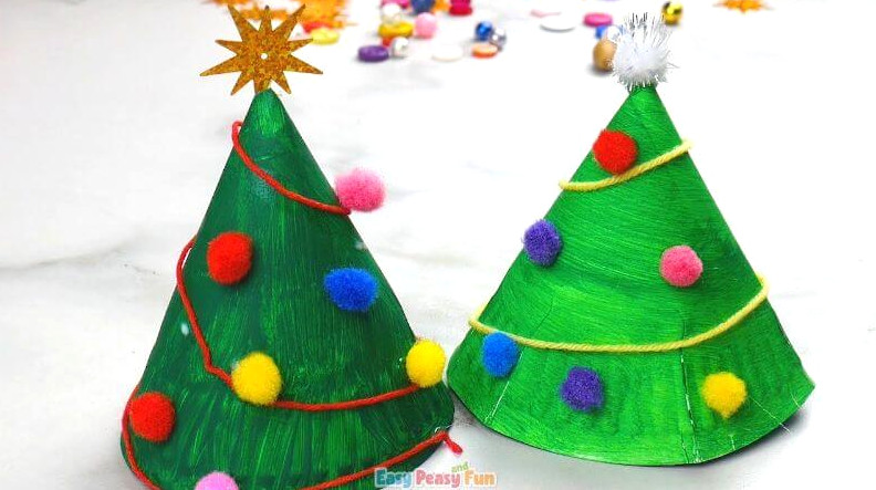 Paper Plate and Pom Poms Christmas Tree Craft for Kids