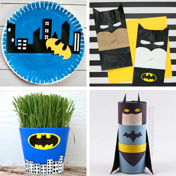 Batman crafts: interactive paper plate project, paper bag Batman, Batman grass head and paper roll Batman
