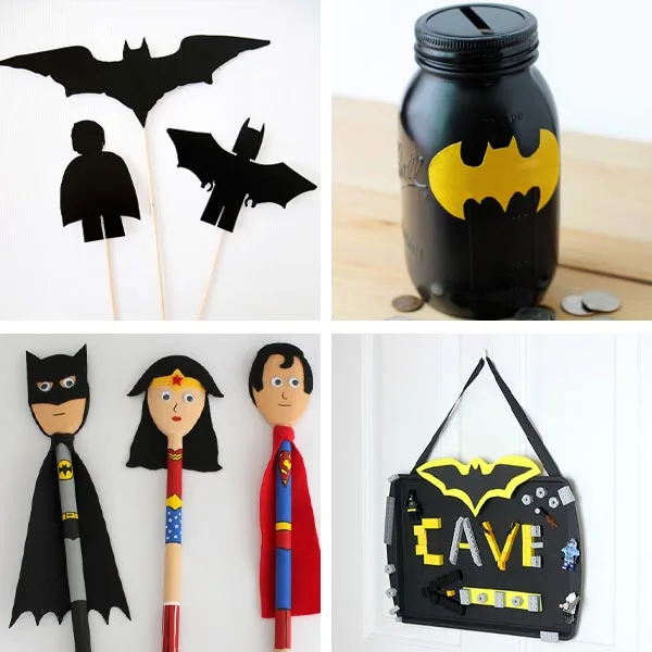 Batman crafts: shadow puppets, mason jar money banks, wooden spoon superhero and Batcave sign