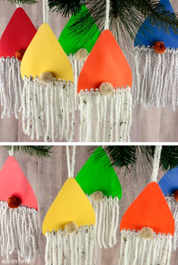 Paper plate DIY gnome ornaments for preschoolers to make for Christmas