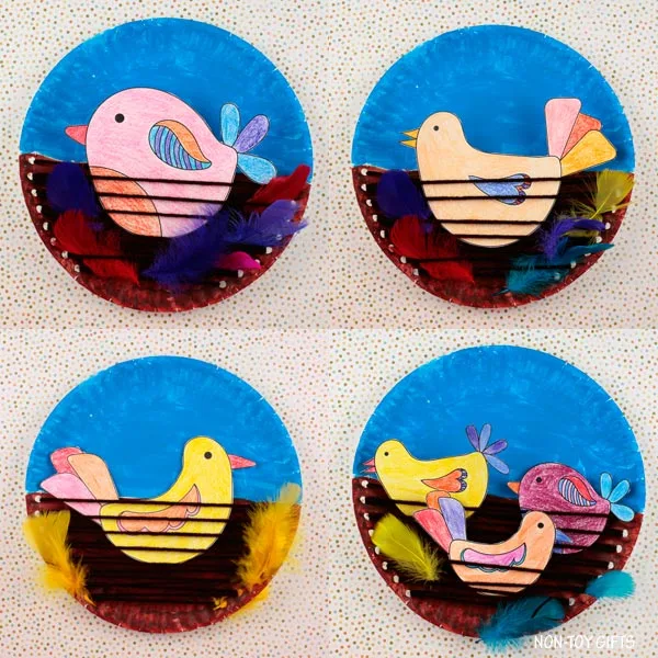 Paper plate bird nest craft for preschoolers to practice fine motor skills