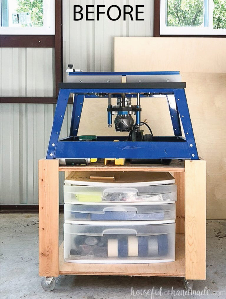 The old scrap wood router table used before constructing the new organized version.