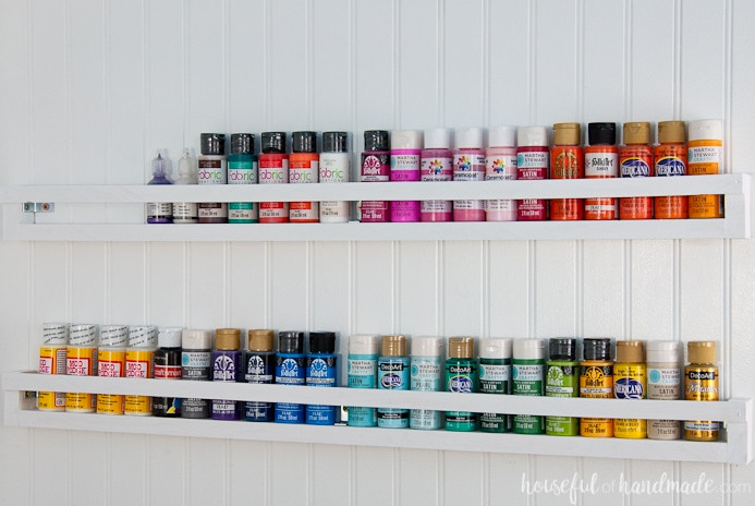 Build the ideal DIY paint organizer using leftover materials or inexpensive lumber. These paint shelves can also be mounted inside closets or behind doors, creating even more free space. Housefulofhandamde.com | $100 Room Challenge | Spray Paint Organizer | Craft Paint Storage | Craft Space Organization | Scrap Wood Project Plans | Free Building Plans | DIY Storage Ideas | Craft Room Transformation | Office Makeover