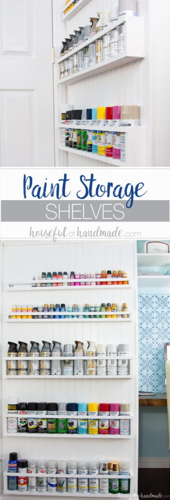 Build the ideal DIY paint organizer using leftover materials or inexpensive lumber. These paint shelves can also be mounted inside closets or behind doors, creating even more free space. Housefulofhandamde.com | $100 Room Challenge | Spray Paint Organizer | Craft Paint Storage | Craft Space Organization | Scrap Wood Project Plans | Free Building Plans | DIY Storage Ideas | Craft Room Transformation | Office Makeover