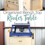 Collage featuring three views of the tidy bench top router table from the front and both sides, with the text "Organized Bench Top Router Table, Get the Build Plans".