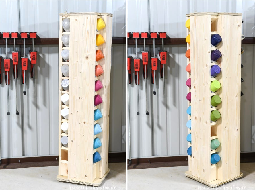 Two images of the spray paint storage cabinet demonstrating its rotating design.