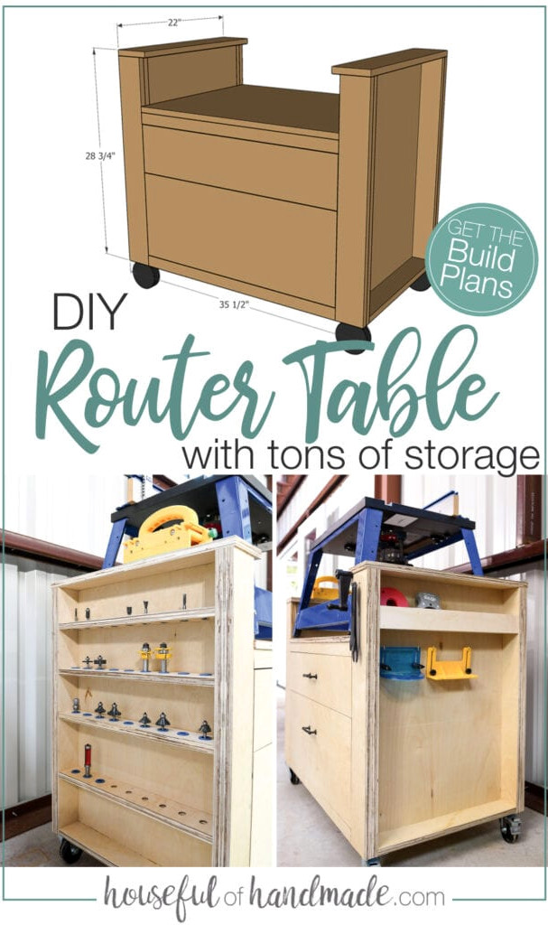 3D SketchUp drawing of the router table design next to 2 pictures of the completed router table highlighting the storage on the sides with text overlay "DIY router table with tons of storage".