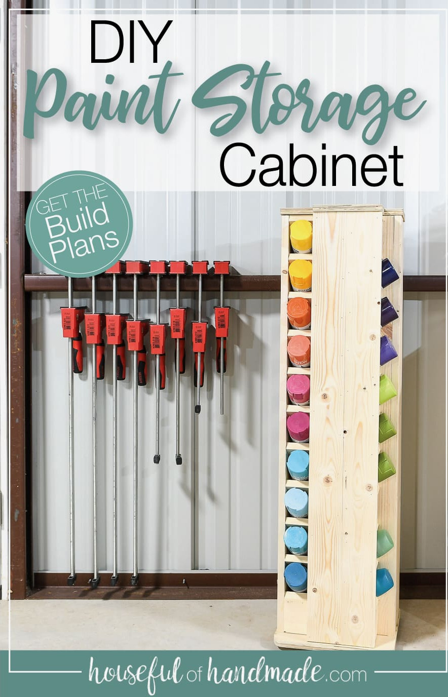 Picture of the spray paint storage cabinet in the corner of a shop with text overlay: DIY paint storage cabinet.