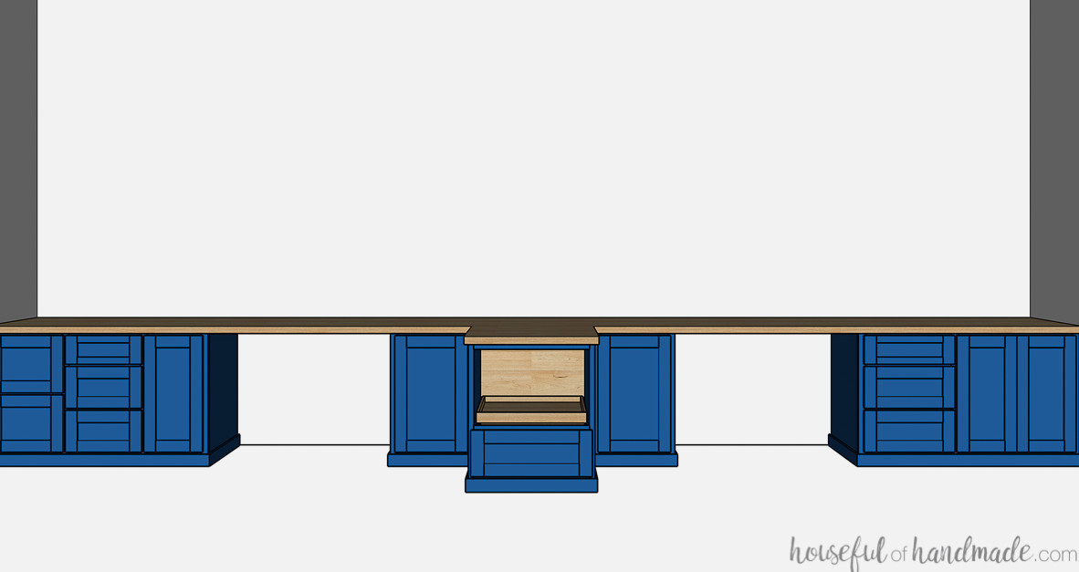 3D illustration of the complete wall built-in desk with room for 2 computers and a T-shaped center island featuring a printer cabinet.
