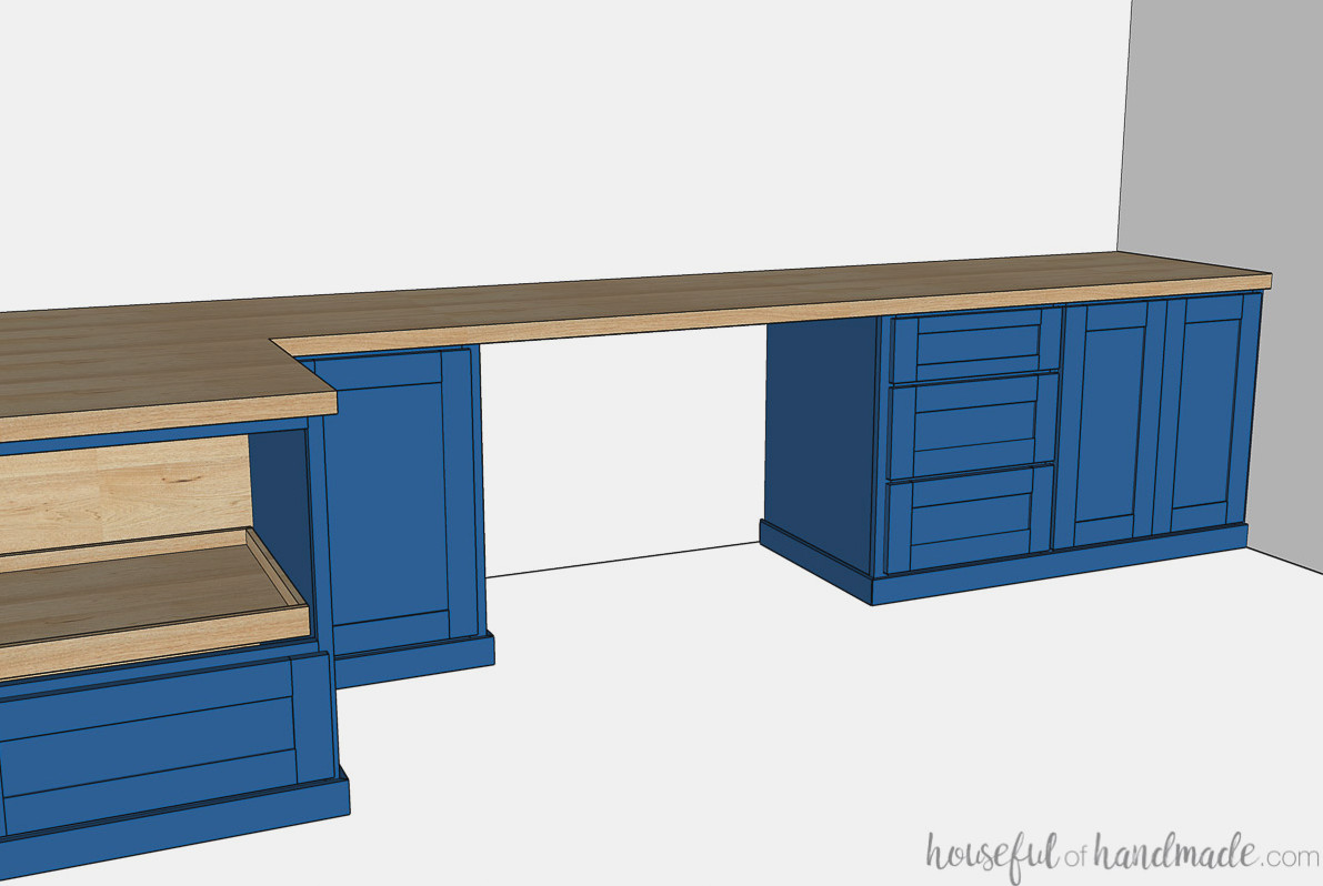 3D illustration of half of the built-in desk with blue cabinets and a wooden desktop.