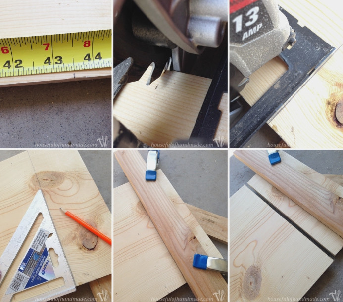 Six picture collage showing how to make a straight cut with a circular saw by clamping a board as a guide.