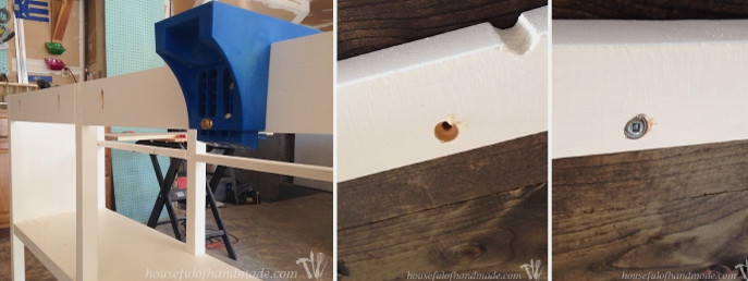 Three pictures showing how to attach the assembled table top to the base. 