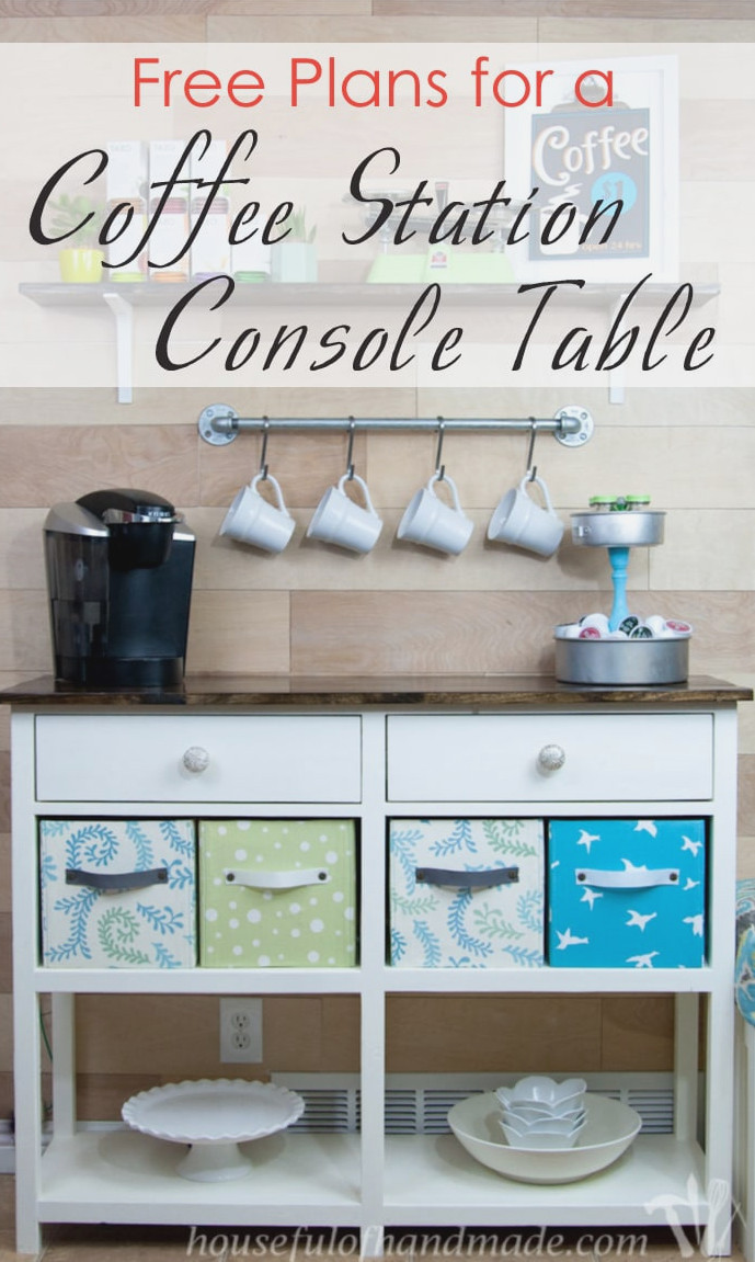 Coffee bar table with text overlay.