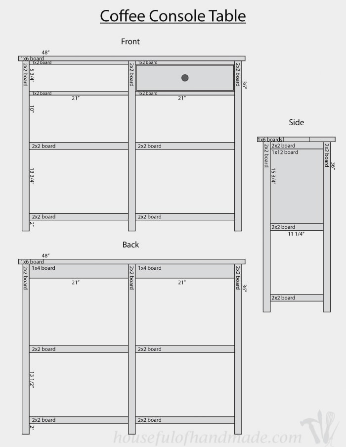 Drawing of all the pieces with measurements for the coffee bar table. 