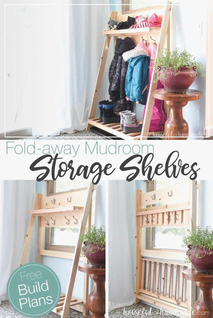 Pictures of the collapsible storage shelves in use with snow pants and gloves, empty and folded.