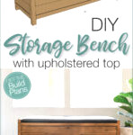 3D Sketchup illustration of the storage bench beside an image of the finished bench.