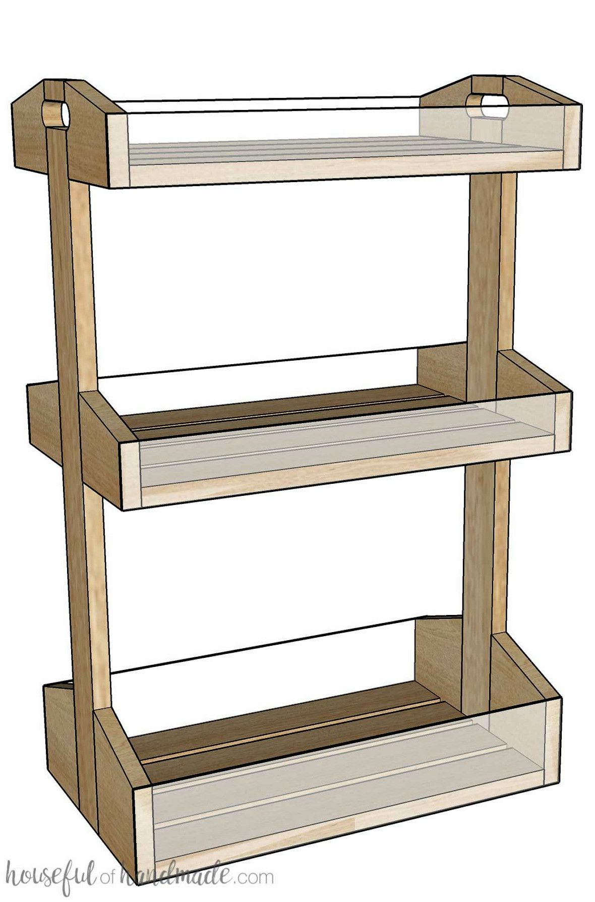 3D drawing of the wooden rolling cart featuring 3 tiers and transparent fronts.