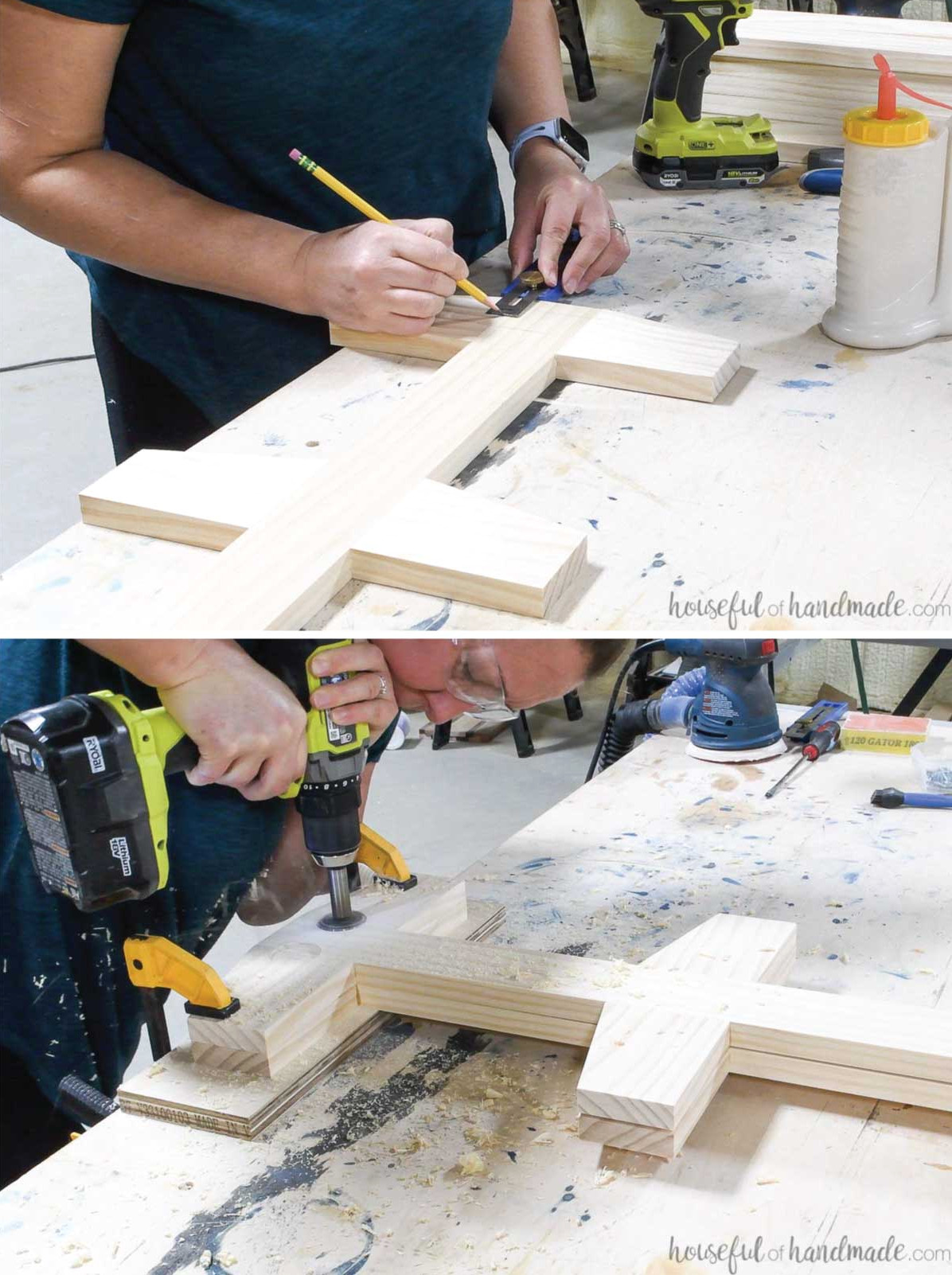 Marking the handle location on the sides and drilling its ends with a Forstner bit.