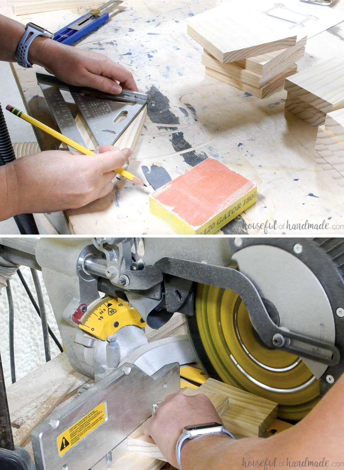 Measuring and marking the angled cuts for the cart sides before cutting them.
