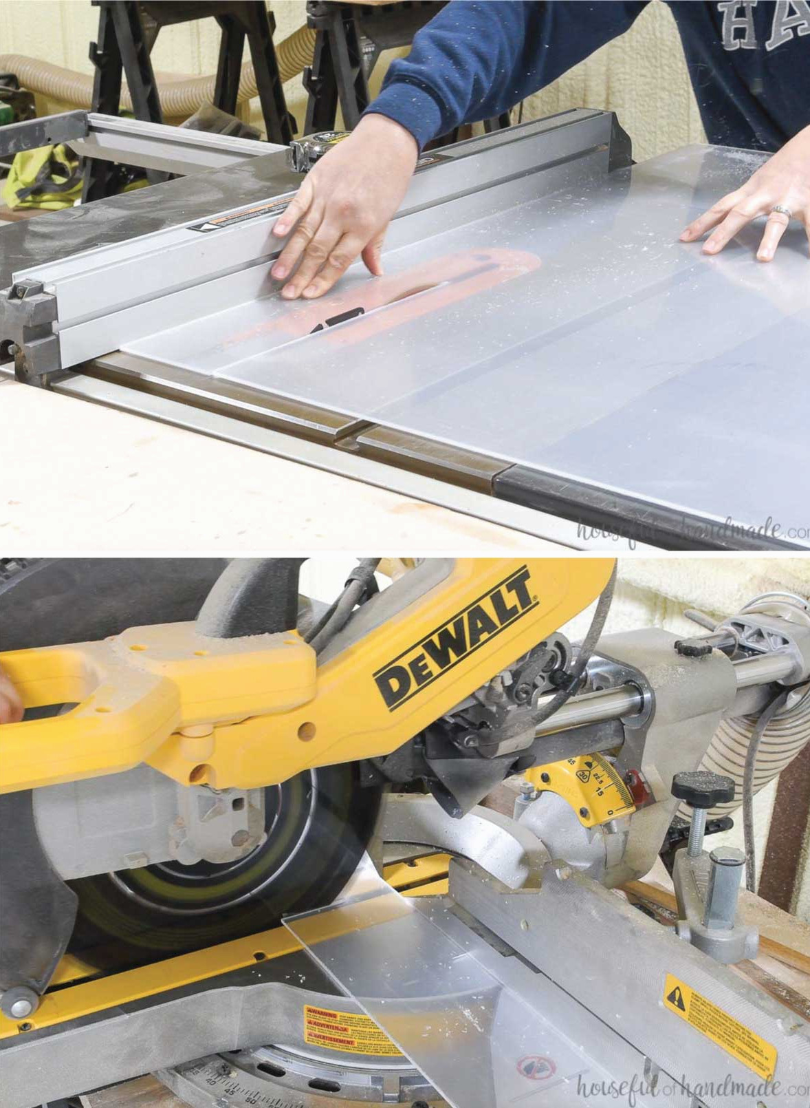Using woodworking tools to cut the plexiglass for the storage tray fronts.