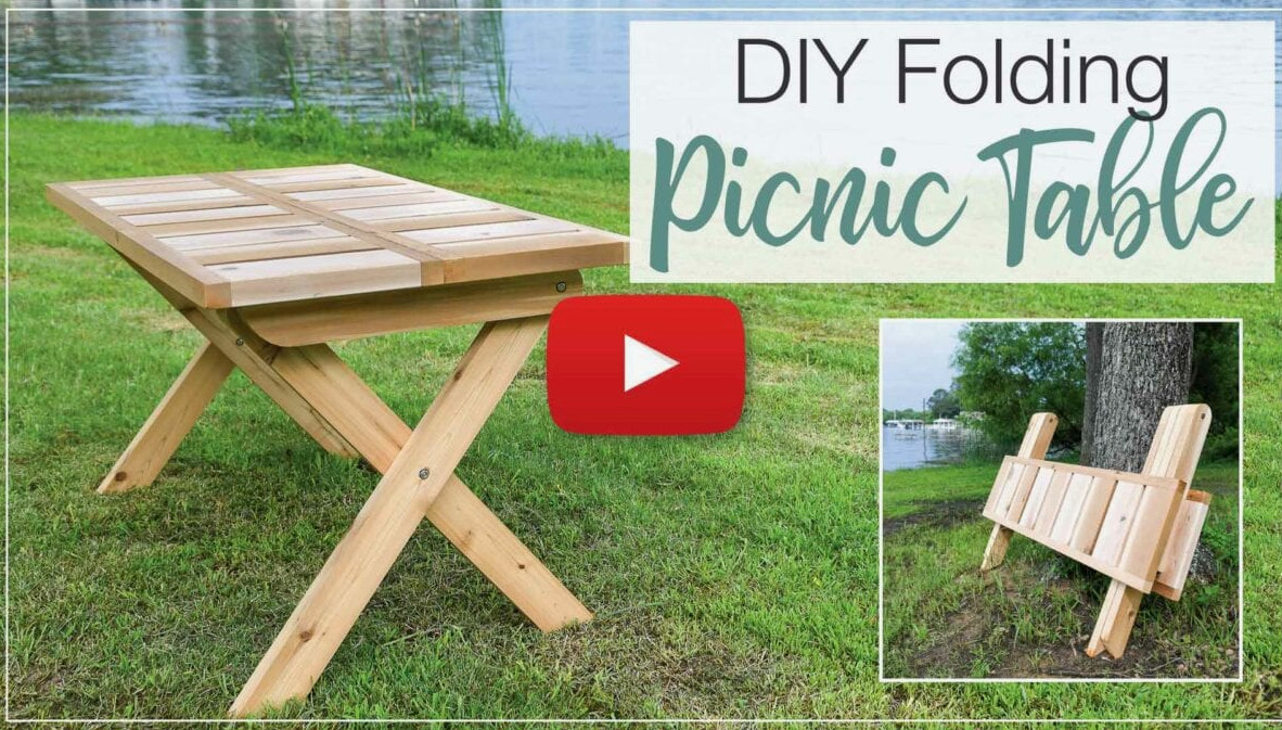 YouTube preview image for a DIY folding picnic table with a red play button at the top. 