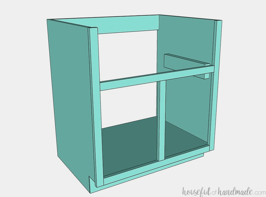 3D SketchUp illustration of a DIY farmhouse sink base cabinet. 