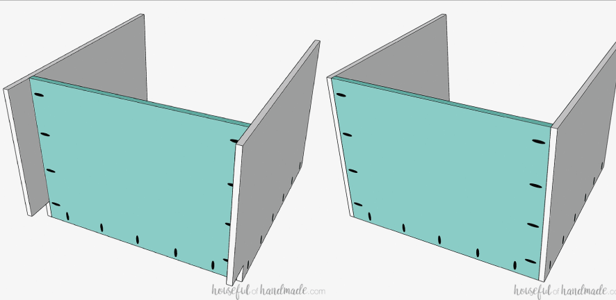Two 3D illustrations showing the sink base cabinet assembly, including one with a notched toe kick and another with a flat bottom for installation on a 2x4 base. 