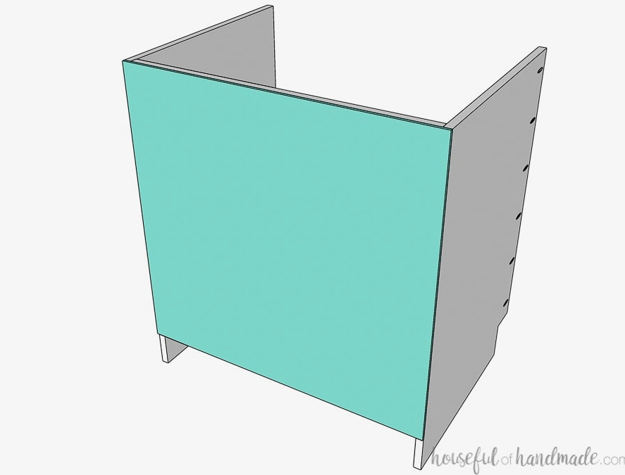 3D illustration of the sink base cabinet box with the optional back panel installed. 