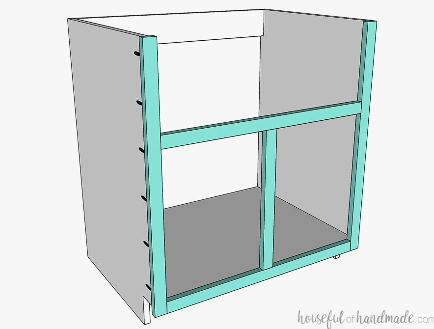 Attaching the face frame to the sink cabinet box. 