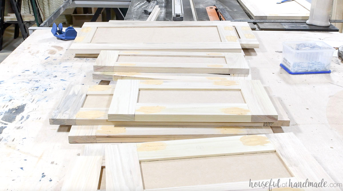 Stacked shaker-style cabinet doors for the DIY built in desk.