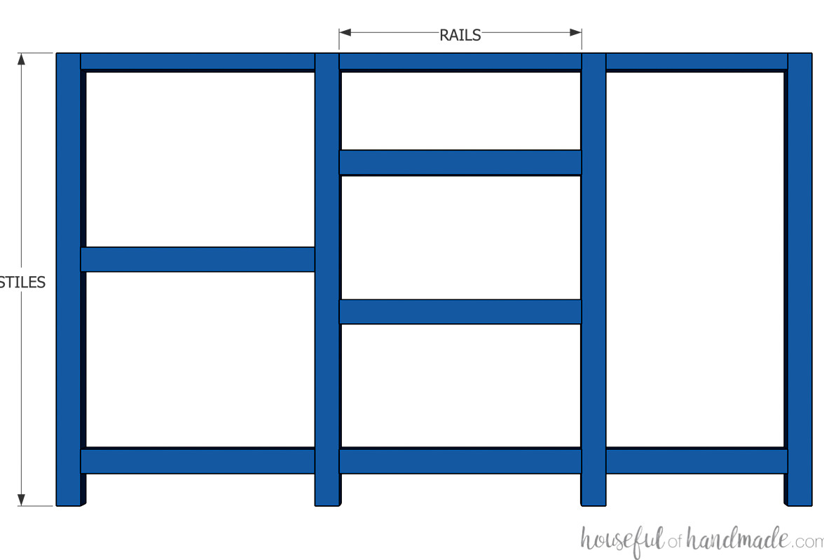 Illustration of a face frame for one desk cabinet section, showing the labeled rails and stiles.
