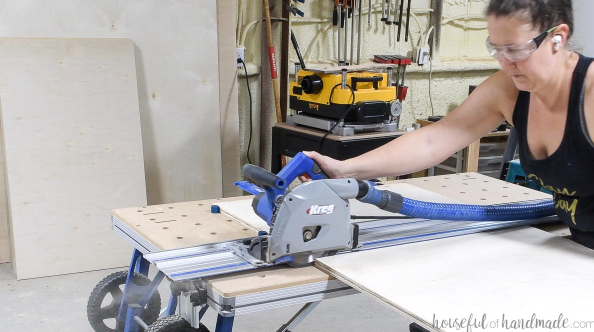 Trimming plywood pieces for the cabinet sides.