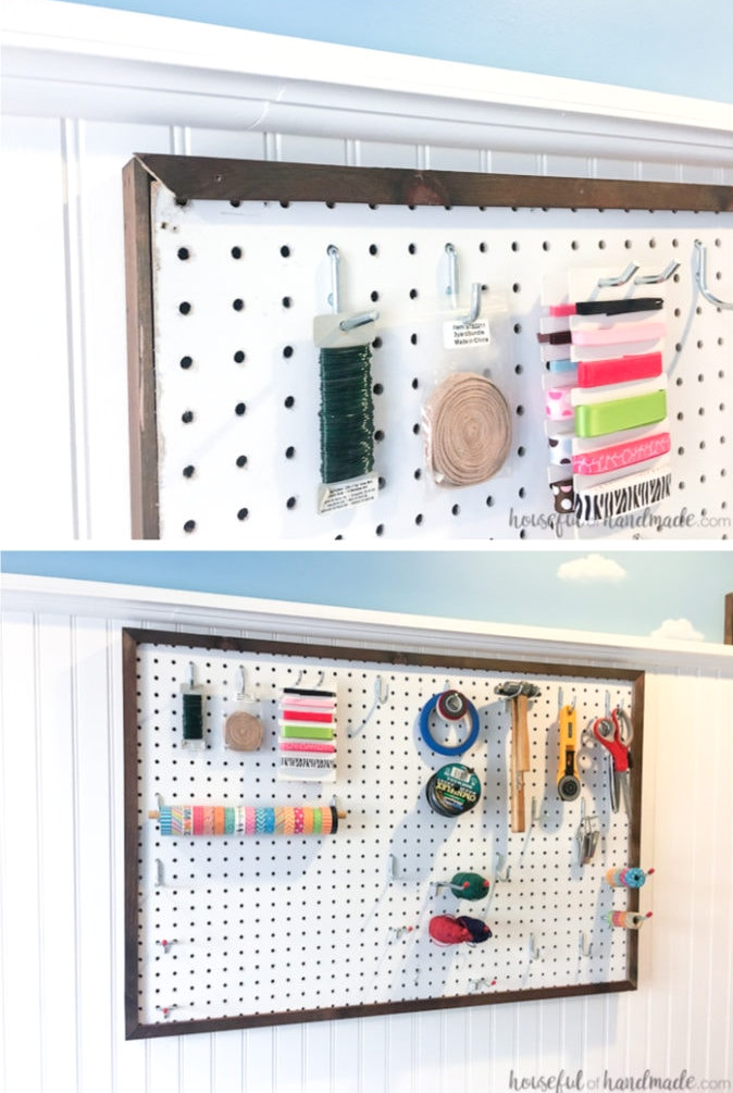 Create the perfect place to organize your most used supplies! Learn how to hang pegboard so it is removable if needed. Housefulofhandmade.com | Craft organization ideas | Craft room remodel | Pegboard organization | $100 Room Challenge | Easy woodworking | Easy building plans | Free Building plans 