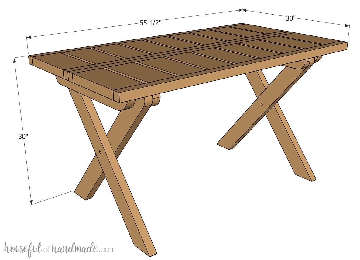 3D illustration of the folding picnic table plans showing the final measurements.