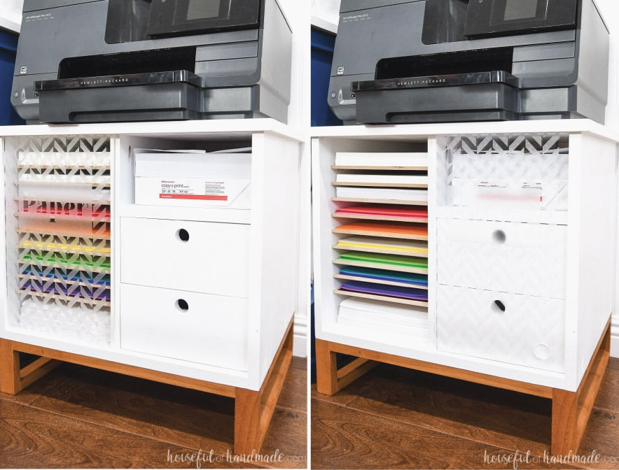 Printer stand with a plexiglass door covering the paper storage beside an image showing the door slid aside to reveal the shelves.