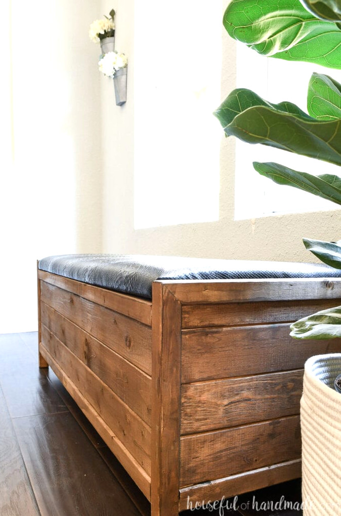 Detailed view of the side outline of the DIY upholstered storage bench.