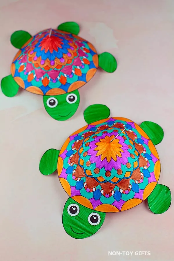 Mandala Turtle 3D Craft template for kids