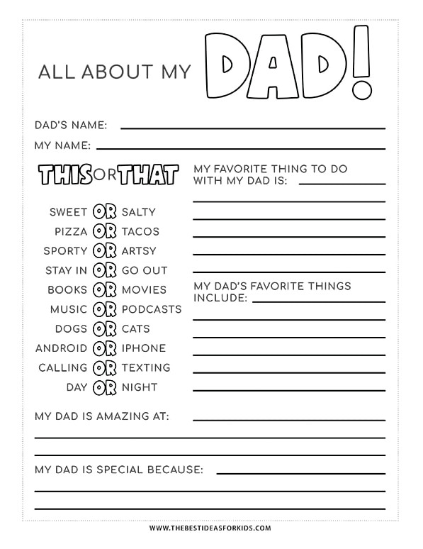 Middle School All About my Dad Printable