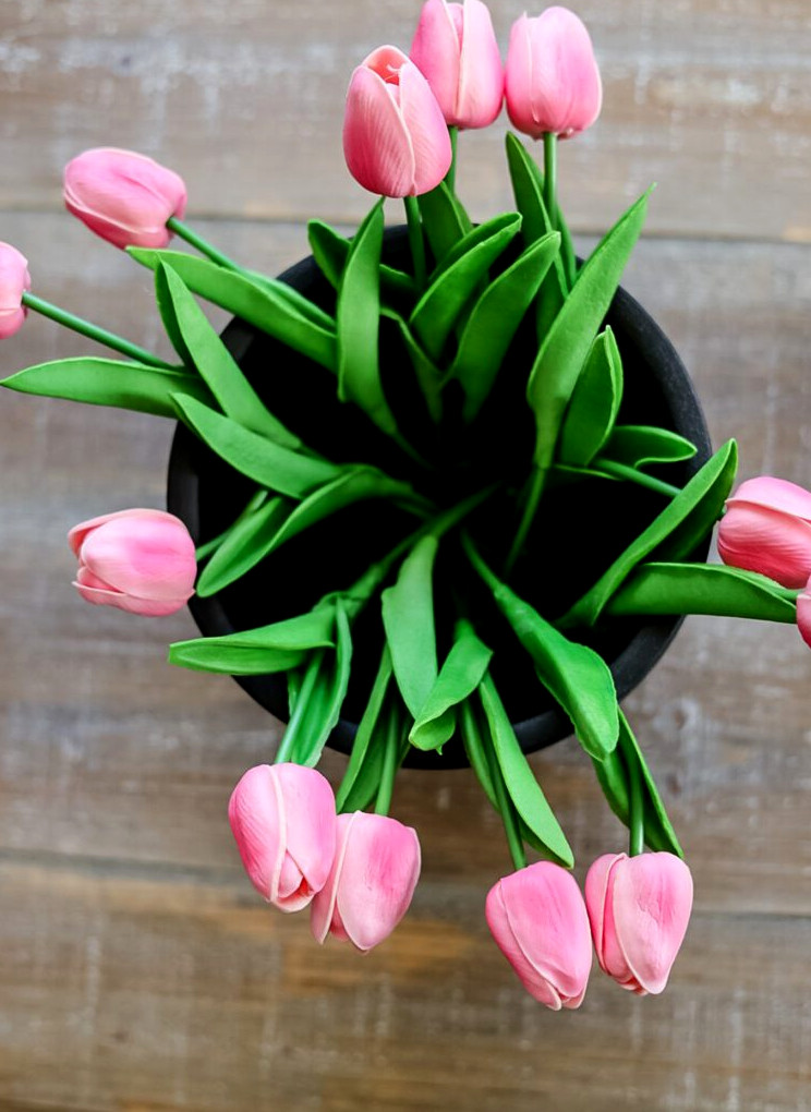 overhead view of amazon pink tulips in planter
