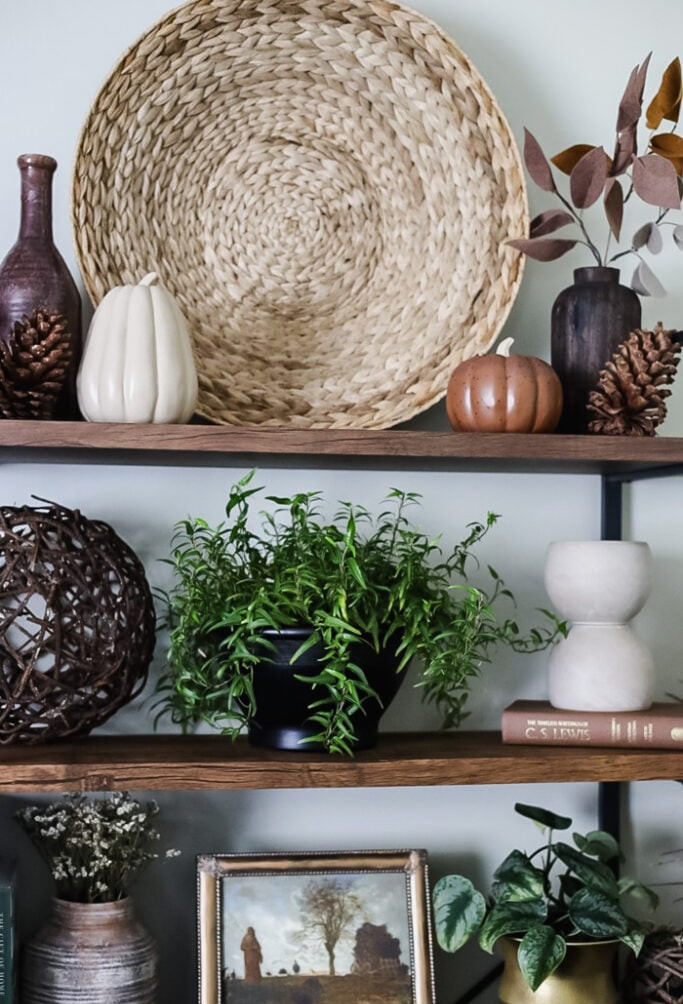 bookcase styled for autumn