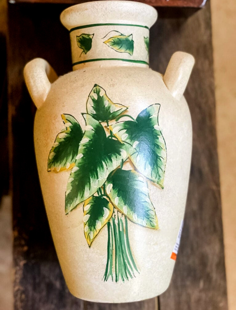 secondhand vase with painted leaves