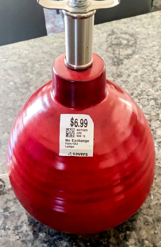 red thrift store lamp