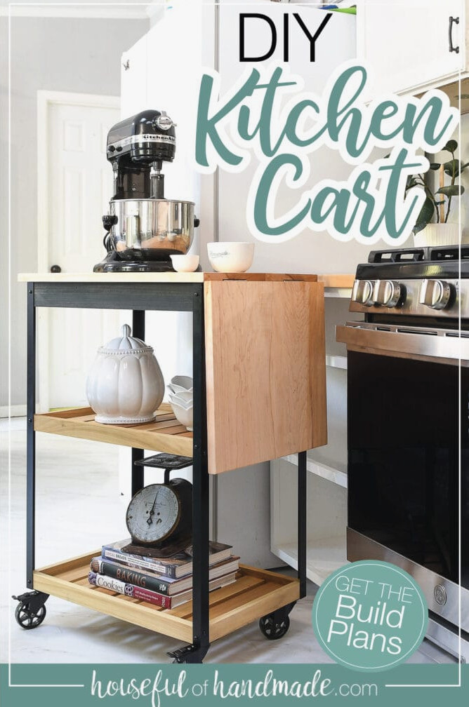 DIY Kitchen cart made from poplar and maple with black and natural stain in a kitchen with text overlay.
