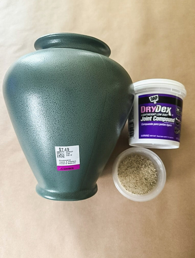 green vase, joint compound, sand