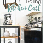 3D SketchUp drawing of the rolling kitchen cart alongside a photo of the finished cart in the kitchen with text overlay: DIY Modern Rolling Kitchen Cart, Get the Build Plans."