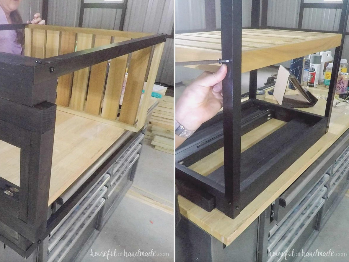 Attaching the middle and bottom shelves. 