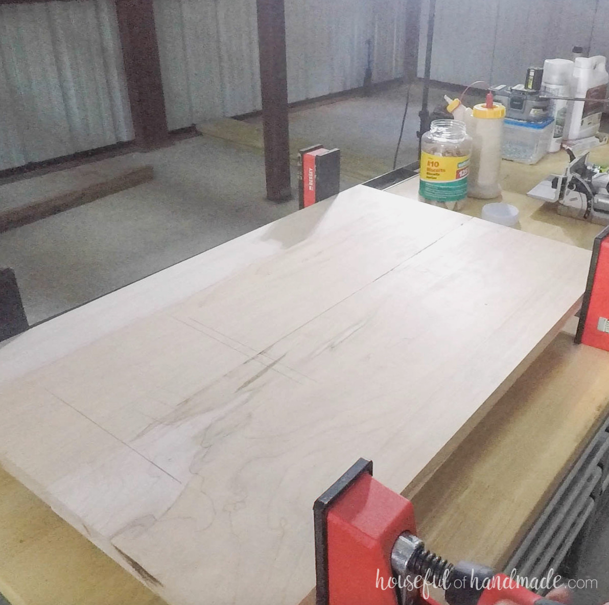 Glueing together boards for the table top. 