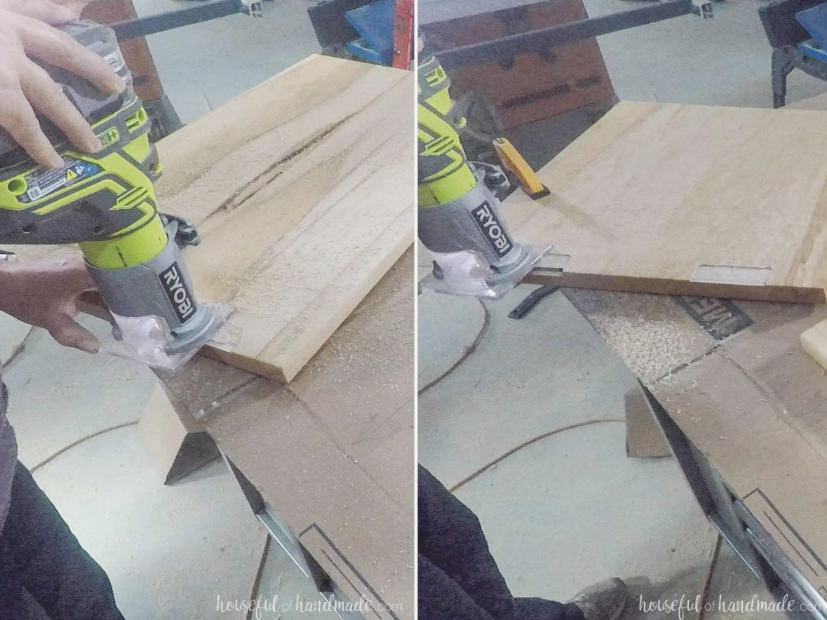 Routing out where the hinges will go on the cart top. 