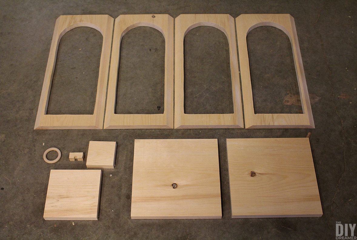 Wooden pieces for building a lantern.