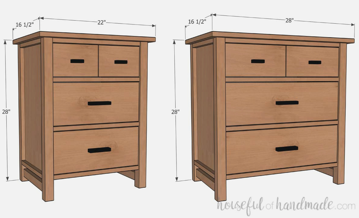 Two nightstand widths featuring 3 drawers, with dimensions marked.